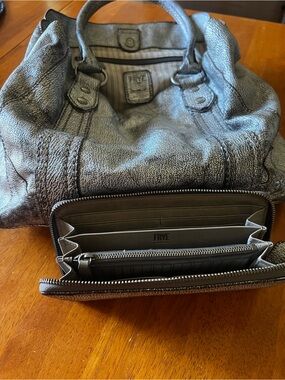 Frye Silver Metallic Melissa Leather Shoulder Bag with Matching Wallet.